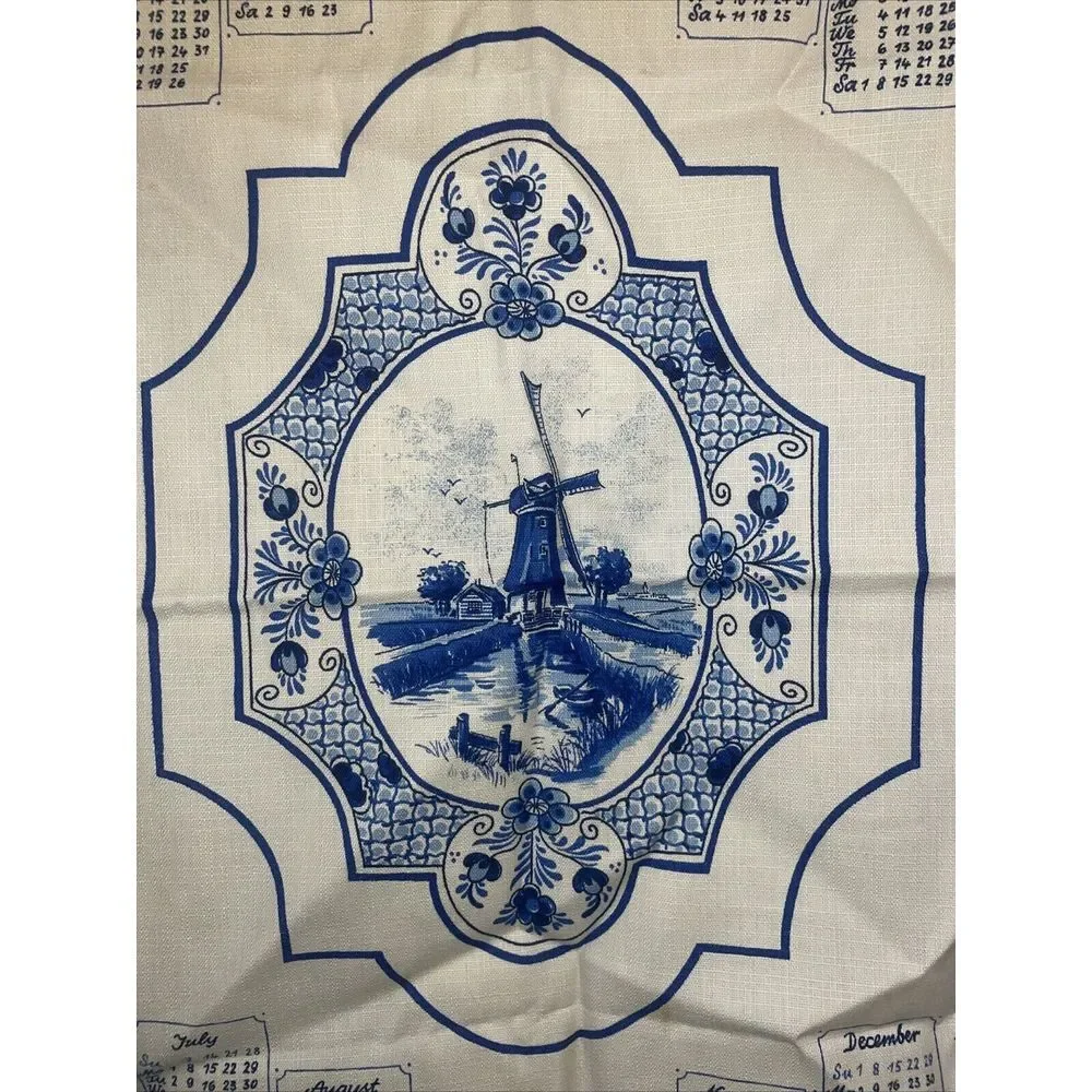 Beautiful Tea Towel Highlighting Holland Countryside. 1974 Calendar. Blue And Wh